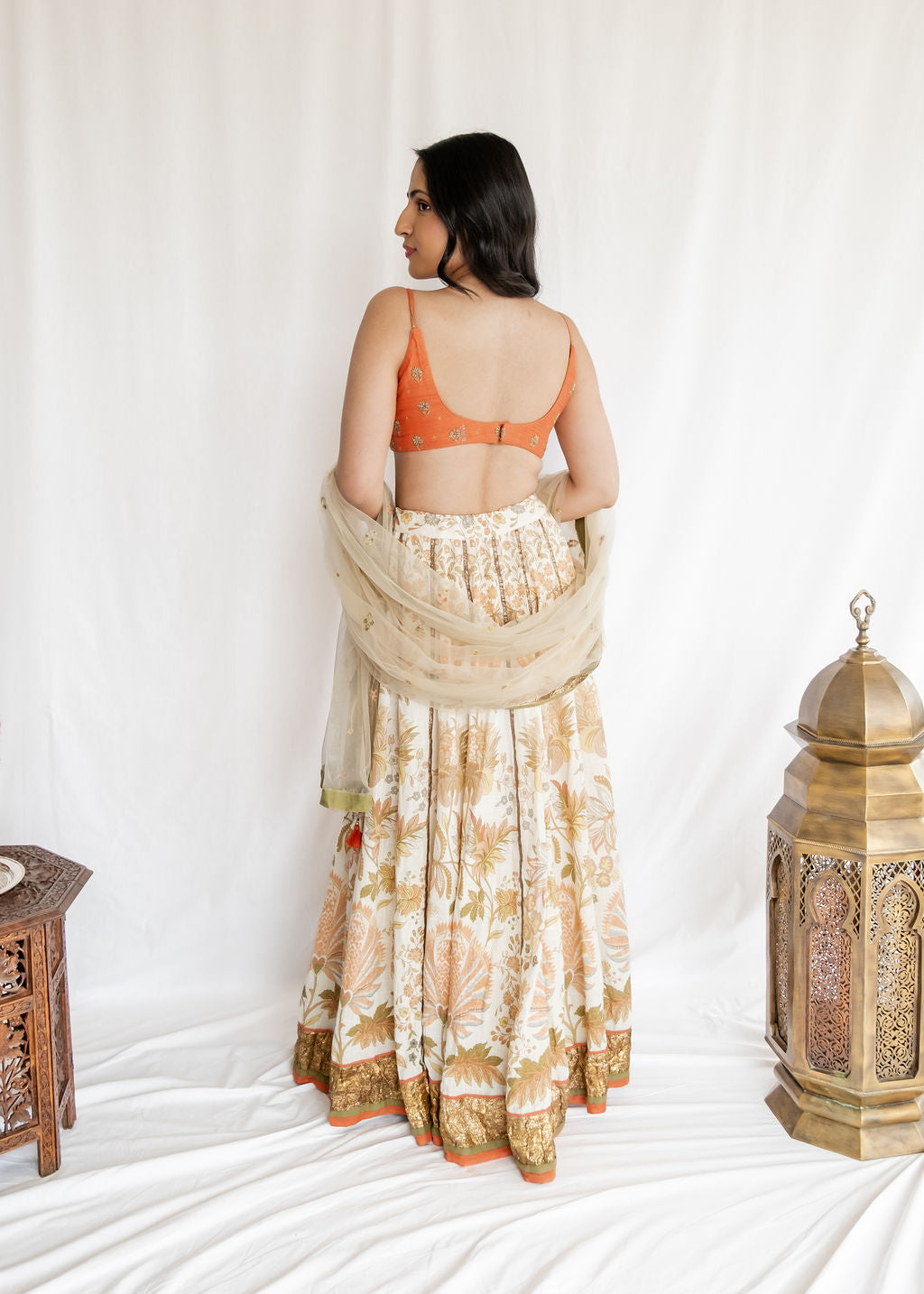 Ritu Kumar - Ecru & Coral Embroidered Lehenga