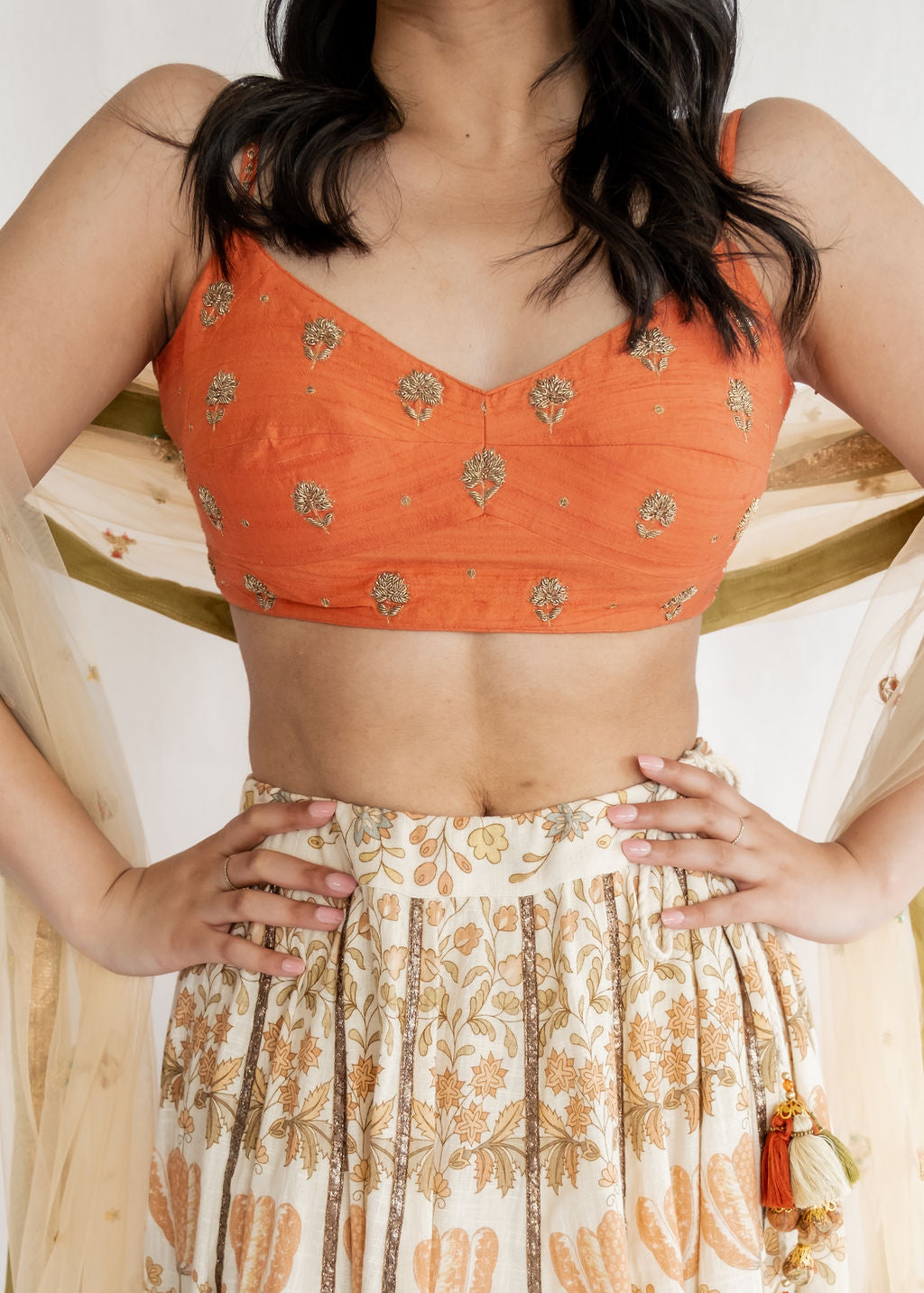 Ritu Kumar - Ecru & Coral Embroidered Lehenga