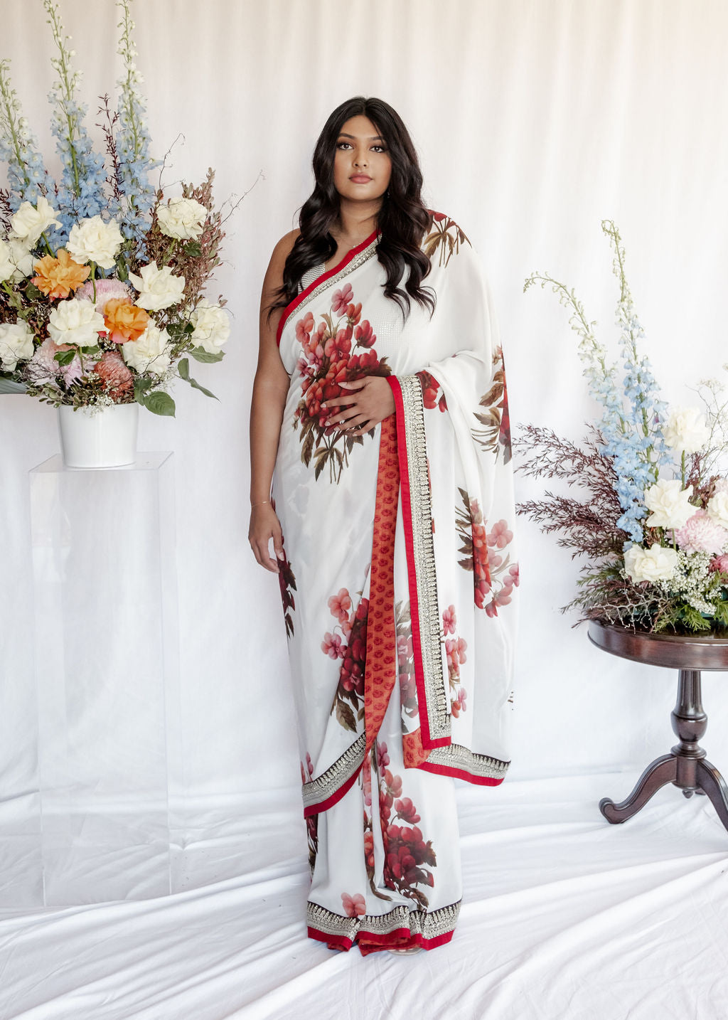 Satin Floral Printed White Saree | Kankatala